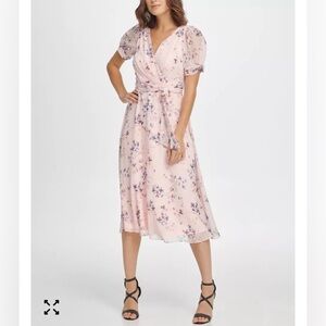 DKNY Floral Puff Sleeve V-Neck Midi Dress